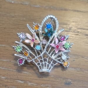 Silver tone Floral Basket Brooch with Multicolor chrystal Accents